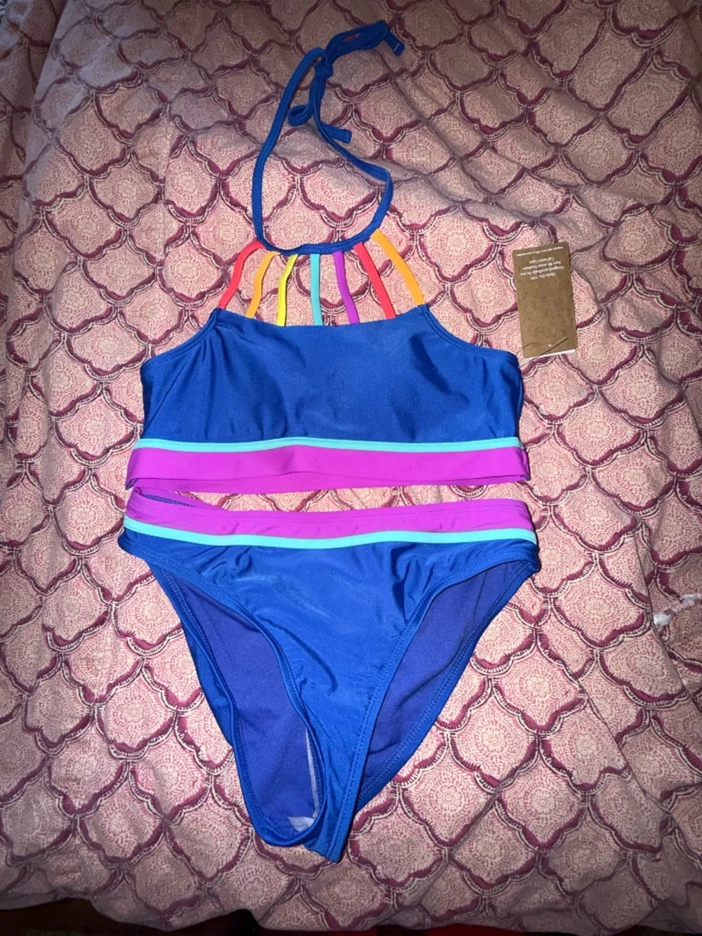 Hobie girls 14 high neck bikini smiles halter neck two piece swimsuit sea blue